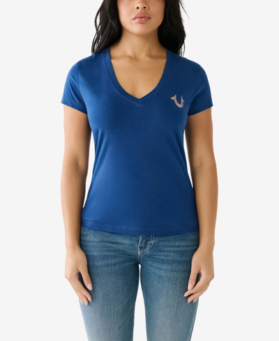 True Religion Women's Short Sleeve Foil Horseshoe V-neck T-shirt In Estate Blue