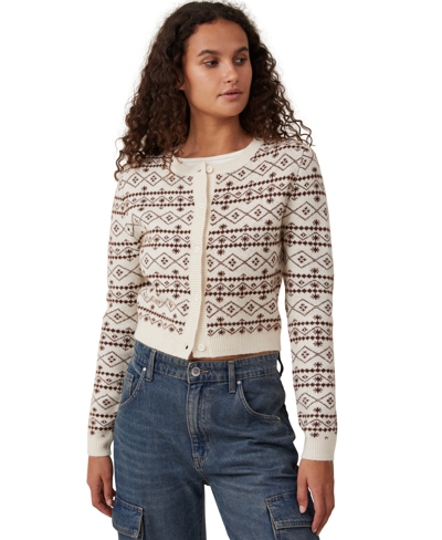 Cotton On Women's Super Crew Neck Cardigan Sweater In Neutral Fair Isle