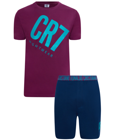 Cr7 Men's 100% Cotton Loungewear Shorts Set In Merlot,blue