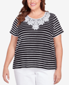 Alfred Dunner Petite Classic Neutrals Lace Neck Striped Split Hem T-shirt In Black,white