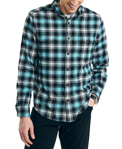 Nautica Men's Double Pocket Plaid Flannel Shirts In True Black