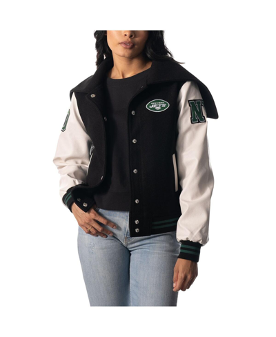 THE WILD COLLECTIVE WOMEN'S THE WILD COLLECTIVE BLACK NEW YORK JETS SAILOR FULL-SNAP HOODED VARSITY JACKET