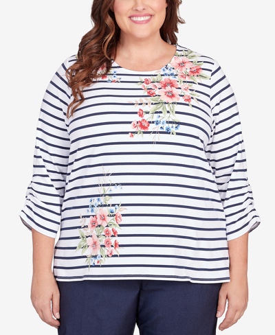 Alfred Dunner Plus Size A Fresh Start Ruched Sleeve Striped Floral Top In Multi