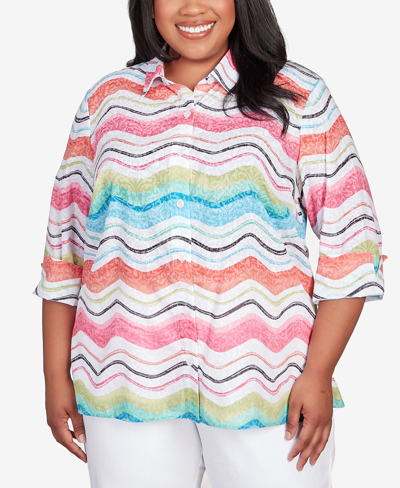 Alfred Dunner Plus Size Classic Brights Wavy Stripe Button Down Top In Multi