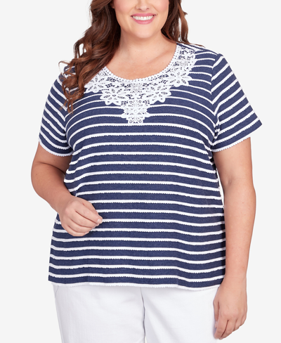 Alfred Dunner Plus Size Classic Neutrals Lace Neck Striped Split Hem T-shirt In Denim