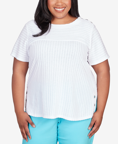 Alfred Dunner Plus Size Classic Brights Solid Texture Split Shirttail T-shirt In White