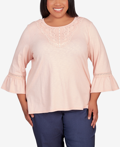 Alfred Dunner Plus Size A Fresh Start Lace Neck Solid Flutter Sleeve Top In Apricot