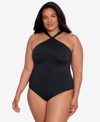 Ralph Lauren Plus Size Tummy-control High-neck One-piece Swimsuit In Black