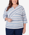 ALFRED DUNNER PLUS SIZE A FRESH START SPLICED STRIPE RUCHED SHIRTTAIL TOP