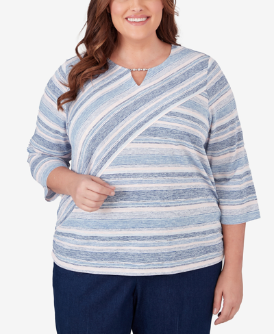 Alfred Dunner Plus Size A Fresh Start Spliced Stripe Ruched Shirttail Top In Multi
