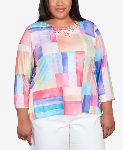 Alfred Dunner Plus Size Classic Brights Bright Patchwork Lace Neck Top In Multi