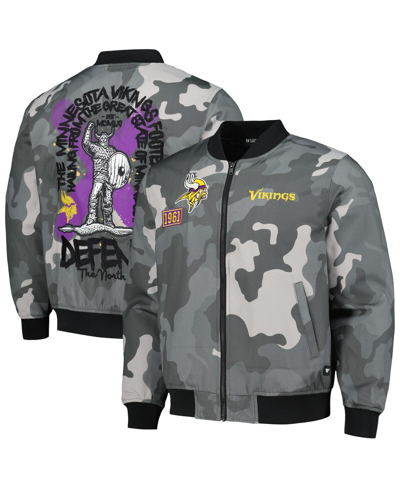 THE WILD COLLECTIVE MEN'S AND WOMEN'S THE WILD COLLECTIVE GRAY DISTRESSED MINNESOTA VIKINGS CAMO BOMBER JACKET