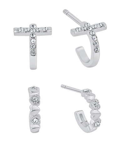 And Now This Crystal Heart And Cross Hoop Earring Set In Silver Plated