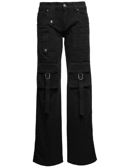 Blumarine Black Cargo Jeans With Buckles And Branded Button In Stretch Cotton Denim Woman