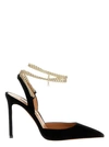 AQUAZZURA BLACK SLINGBACK PUMPS WITH CHAIN ANKLE STRAP IN LEATHER
