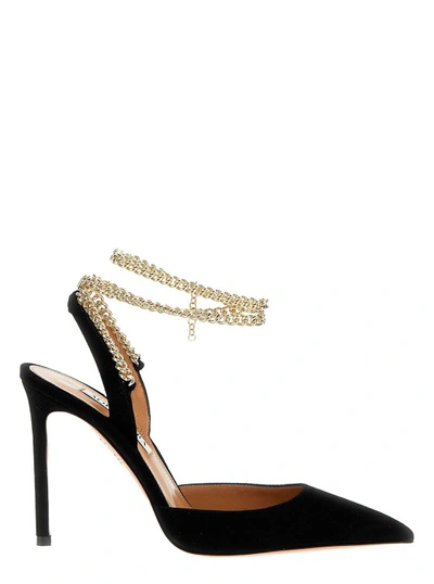 AQUAZZURA BLACK SLINGBACK PUMPS WITH CHAIN ANKLE STRAP IN LEATHER