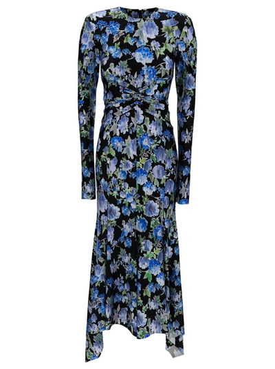 PHILOSOPHY DI LORENZO SERAFINI BLACK AND BLUE MAXI DRESS WITH ALL-OVER FLOREAL PRINT IN STRETCH FABRIC WOMAN
