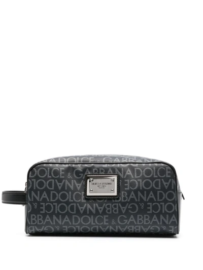 Dolce & Gabbana Beauty Case With Printed Logo In Grey
