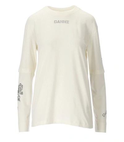 Ganni Graphic Logo Print Crewneck Long Sleeve Cotton Jersey T-shirt In White