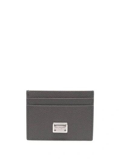 Dolce & Gabbana Leather Card Holder With Logo Plaque In Grey
