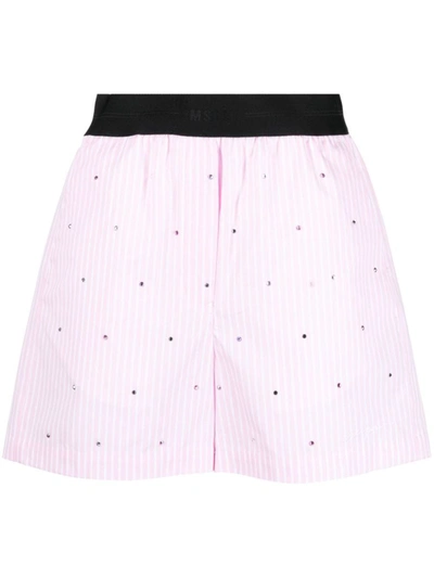 Msgm Rhinestone-embellished Striped Shorts In Rosa E Bianco