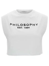 PHILOSOPHY DI LORENZO SERAFINI WHITE CROP T-SHIRT WITH FRONT AND REAR LOGO PRINT IN COTTON WOMAN