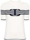 Twinset Short Sleeves High Neck Striped Sweater With Logo In Bianco E Blu