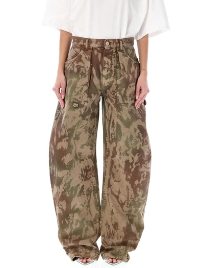 Attico Effie Camouflage-print Cotton-twill Wide-leg Trousers In Chocolate Green