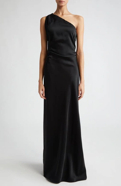 Max Mara Bernard One-shoulder Reverse Satin Gown With Scarf Detail In Black