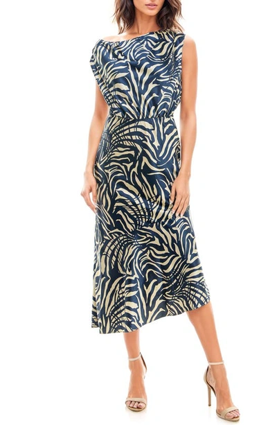 Socialite Animal Stripe Asymmetric Hem Dress In Navy Cream Print