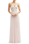 Dessy Collection Floral Embroidered Strapless Corset Gown In Blush