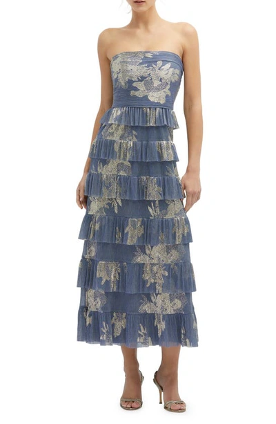 After Six Floral Print Ruffle Strapless Dress In Blue