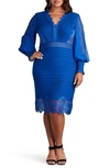 Tadashi Shoji Lace Detail Long Sleeve Cocktail Dress In Mystic Blue