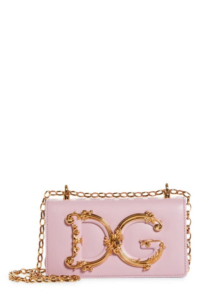 Dolce & Gabbana Girls Logo Leather Phone Crossbody Bag In Powder Pink