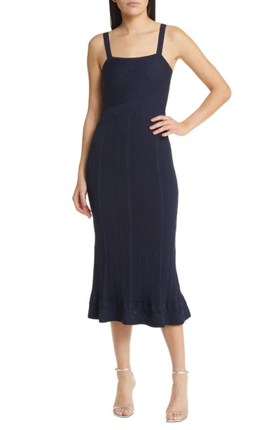 Ciebon Stefania Mixed Stitch Square Neck Knit Midi Dress In Navy