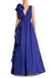 Mac Duggal Ruffle Detail Ruched Chiffon Ballgown In Blue