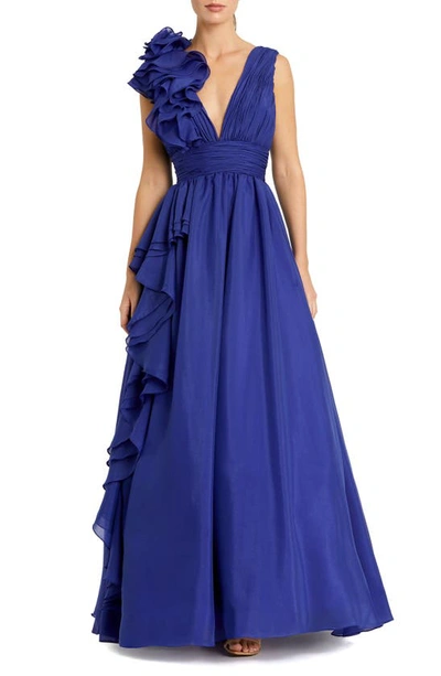 Mac Duggal Ruffle Detail Ruched Chiffon Ballgown In Blue