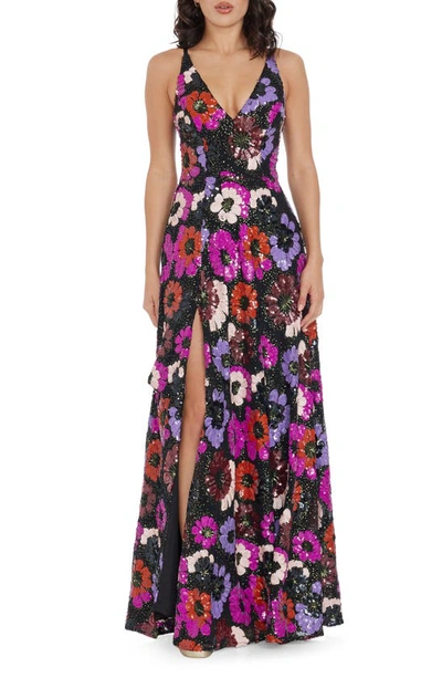 Dress The Population Alyssa Sequin Floral Sleeveless Gown In Black