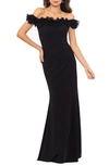 XSCAPE XSCAPE EVENINGS RUFFLE OFF THE SHOULDER SCUBA CREPE GOWN