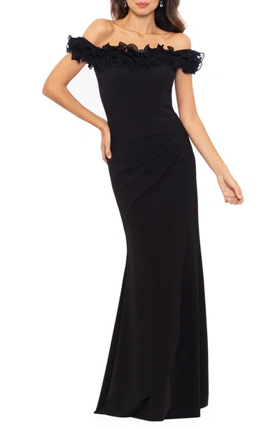 Xscape Ruffle Off The Shoulder Scuba Crepe Gown In Black