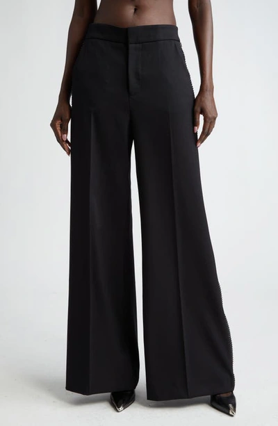 Area Crystal Embellished Stretch Wool Wide Leg Trousers In Black