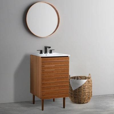 Jonathan Y Aubert 19 In. W X 18 In. D X 33 In. H Thick Linear Slat Modern Farmhouse 2-shelf Bath Vanity Cabinet In Brown