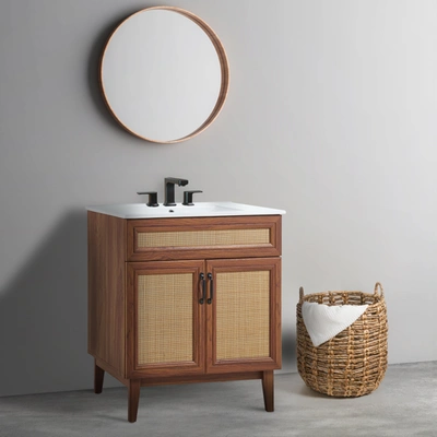 Jonathan Y Javer 29 In. W X 18 In. D X 33 In. H Rattan Modern Farmhouse 2-shelf Bath Vanity Cabinet In Brown