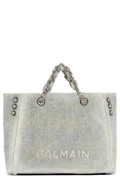 Balmain 1945 Cabas Washed Denim Tote Bag In Grey