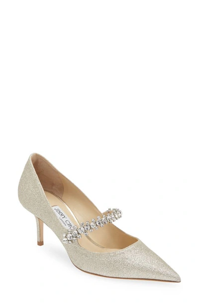 Jimmy Choo Bing Crystal Embellished Pointed Toe Glitter Mary Jane Pump In Platinum Ice
