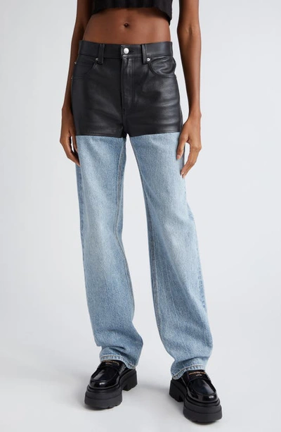 Alexander Wang Leather & Denim Five-pocket Straight Leg Pants In Vintage Faded Indigo