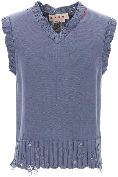 Marni Distressed V-neck Knit Vest In Light Blue,grey