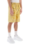Versace Golden Barocco Print Silk Shorts In Champagne