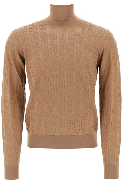 Dolce & Gabbana Silk Jacquard Turtleneck Pullover In Brown