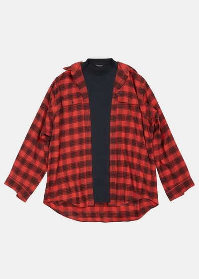 Balenciaga Men's Oversized Trompe L'oeil Shirt In Red/black